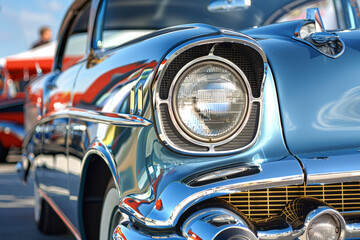 A red car with chrome trim and a large headlight. The car is parked in front of a building