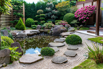 Obraz premium A Japanese garden with a pond and rocks. The pond is surrounded by rocks and has a lot of plants. The garden is very peaceful and serene