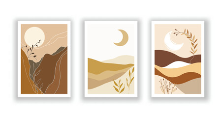 set of 3 Gold Mountain Landscape Wall Art Set with Moon and Sun: Minimalist Earth Tones