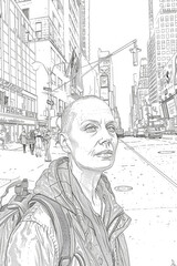 A bald woman with a piercing gaze stands on a city sidewalk, with pedestrians and tall buildings in the background