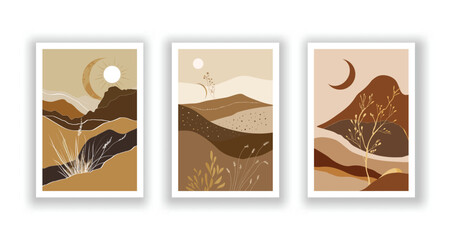 set of 3 Gold Mountain Landscape Wall Art Set with Moon and Sun: Minimalist Earth Tones