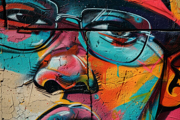 A colorful painting of a man with glasses and a mustache. The painting is abstract and has a lot of different colors