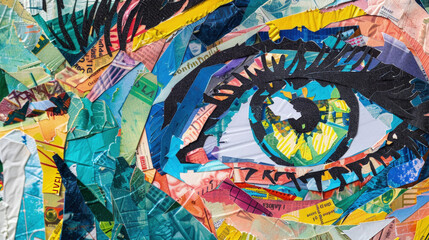 Detailed close-up view of a paper collage depicting an eye, showcasing intricate layers and textures