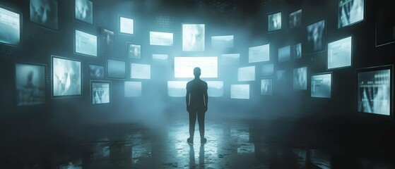 faceless figure, constantly monitored, navigating a maze of screens, misty weather, photography, moody silhouette lighting, HDR effect  , Tilted angle vie - obrazy, fototapety, plakaty