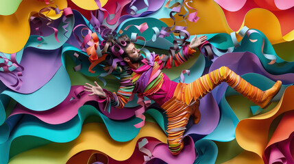 A joyous individual surrounded by an explosion of multicolored waves creates a dynamic scene of whimsy and playfulness