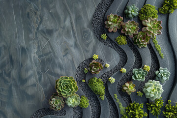 A rock garden with a variety of plants including succulents and cacti. The plants are arranged in a way that creates a sense of movement and flow - obrazy, fototapety, plakaty