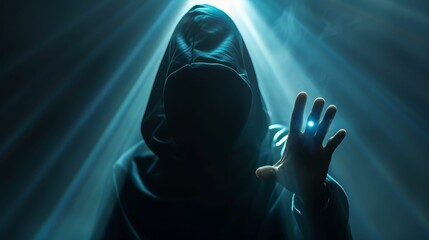 , Hooded Figure, Glowing fingertips tracing virtual trails, questioning the nuances of consent in a world where secrets are traded like currency Realistic, Spotlight, HDR, Dolly zoom effect - obrazy, fototapety, plakaty