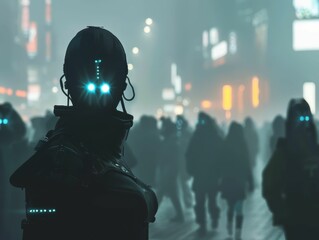 , interface implants glowing, scanning a crowd of people, dystopian city setting, heavy smog, realistic photography, Silhouette lighting, Vignette, Rack focus view