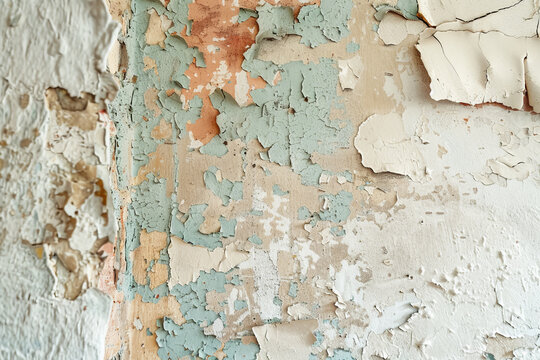 A wall with peeling paint and a green and white pattern. The wall is old and has a lot of damage