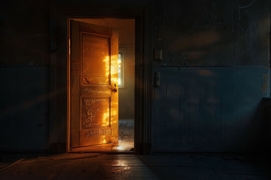A door is open in a dark room with a window. The light shining through the window casts a warm glow on the door