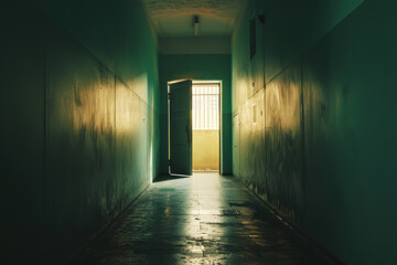 A dark hallway with a white door that is open. The light shining through the door creates a sense...