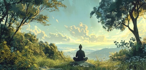 A serene landscape with a seated figure practicing mindfulness and embracing inner calm  , Dutch angle view - obrazy, fototapety, plakaty