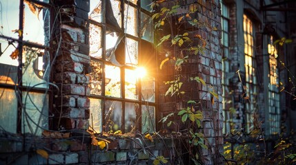 Abandoned factory, shattered windows, vines creeping in, reclaiming the structure Photography Backlights Vignette, Extreme closeup shot - obrazy, fototapety, plakaty