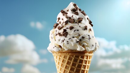 Soft ice cream in a cone with a chocolate flake against a blue sky