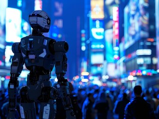 Advanced Robot, Synthetic Skin, UltraIntelligent AI Companions, In a bustling metropolis at the brink of singularity, Advanced Robot strolls among crowds of humans and machines