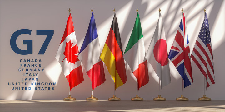 G7 summit or meeting concept. Row from flags of members of G7 group of seven and list of countries.