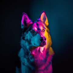 Neon Siberian Husky Portrait. Dog Lovers