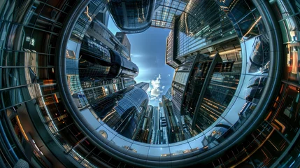 Fotobehang AI, Cyborgs, Androids, exploring the consequences of geoengineering in a futuristic city Photography, backlighting, HDR, Fisheye lens view © Jiraphiphat