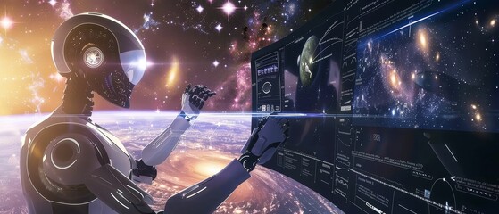 AI robot, holographic interface, interacting with diverse virtual beings, cosmic backdrop with galaxies, stars, and nebulae, realistic image, Spotlight, Lens Flare, Split screen view