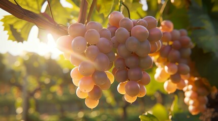Air Grape, delicate and ethereal, manifesting the lightness and crispness of air in its translucent, pale purple hue and effervescent flavor, floating gracefully in a sunlit vineyard 3D render - obrazy, fototapety, plakaty