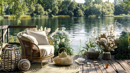 Stylish composition of outdoor garden on the lake with design rattan armchair  - obrazy, fototapety, plakaty