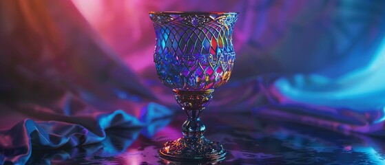 Ancient goblet, etched with intricate patterns, bestows limitless liquid to its possessor A magical scene captured in a realistic image with a chromatic aberration effect , Rear view