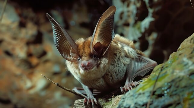 Long-eared bat in lush cave