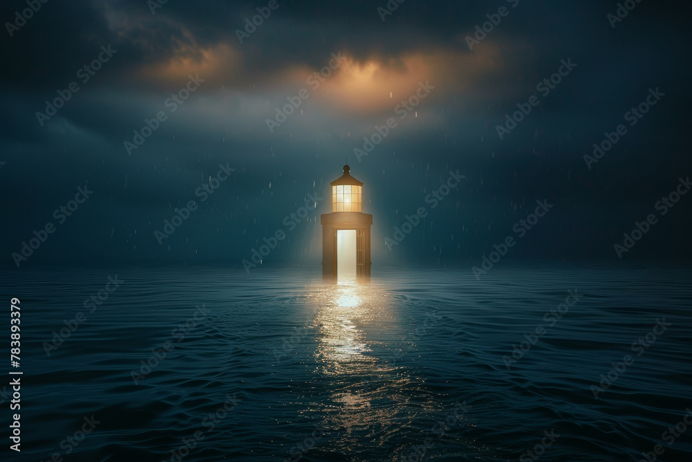 Wall mural a lighthouse is lit up in the dark ocean. the water is calm and the sky is cloudy - Wall murals