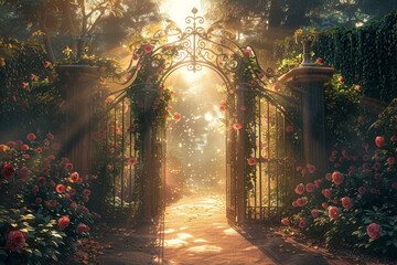 A gate with a beautiful garden in front of it. The gate is open and the sunlight is shining through...