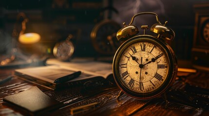 Antique clock, ticking loudly, on a cluttered desk in a smoky detectives office, stormy night outside, film noir aesthetic, golden hour lighting, realistic image, Topdown view - obrazy, fototapety, plakaty