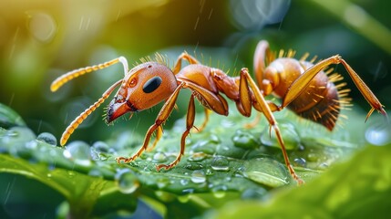 Naklejka premium Ant, hard exoskeleton, industrious, constructing a complex network of passages in a lush garden, rainy, realistic, spotlight, HDR, Wideangle view