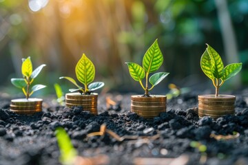 Sprouting saplings on stacked coins in soil - Young plants growing from rich soil atop ascending piles of gold coins invoke ideas of growth, investment, and sustainability - obrazy, fototapety, plakaty