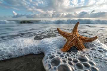 A starfish is laying on the sand in the ocean. The starfish is surrounded by foam and the ocean is calm