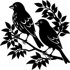 Two Birds sitting on a tree branch Silhouette Vector 