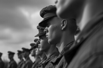 A group of men in military uniforms stand in a line. Concept of discipline and order, as the men are all wearing the same uniform and standing in a straight line