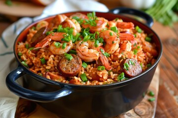 Aromatic shrimp and sausage jambalaya in pot - Aromatic shrimp and sausage jambalaya served in a black pot, perfect for a family dinner