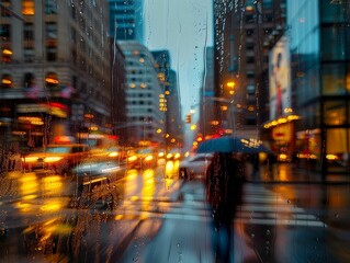 City streets, Raindrops, Immersive soundscapes amplifying urban scenes Photography, Golden Hour, Vignette, Motion Blur, Long shot