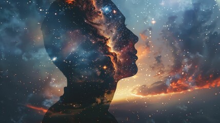 Celestial Nomad, cloak of starlight, wanderer of wormholes, navigating new realms, cosmic atmosphere, illustration, silhouette lighting, double exposure, Split screen view