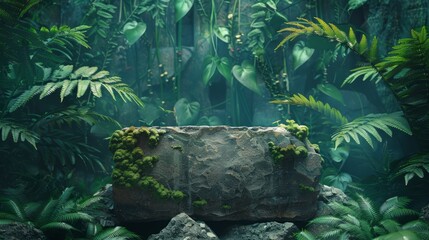 Mystical floating rock in a lush green forest