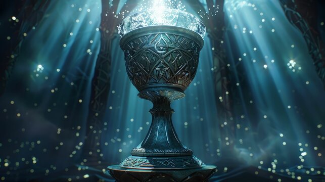 Celestial goblet, adorned with intricate runes, overflows with sparkling elixir Placed atop a pedestal in a celestial hall strewn with stardust 3D render