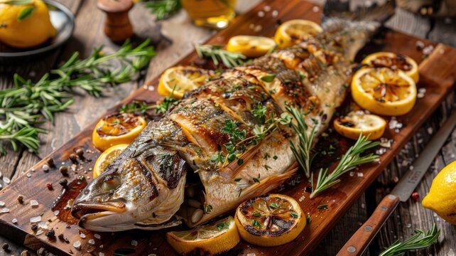 Roasted fish with lemon on wooden board - Succulent roasted fish served with charred lemon and rosemary on a rustic wooden board