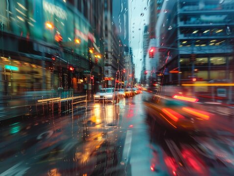 City streets, Raindrops, Immersive soundscapes amplifying urban scenes Photography, Golden Hour, Vignette, Motion Blur, Long shot