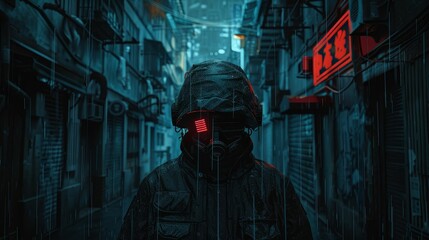Cyberpunk hacker, cybernetic implants, hacking into a virtual reality network, rainsoaked urban alley, rainy weather, 3D render, Silhouette lighting, Chromatic Aberration, Panoramic view - obrazy, fototapety, plakaty