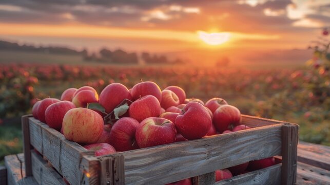 Apples in a wooden crate on a table at sunset. The image evokes the feeling of autumn and harvest.