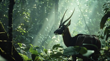 Majestic Saola Antelope in Asian Rainforest - obrazy, fototapety, plakaty