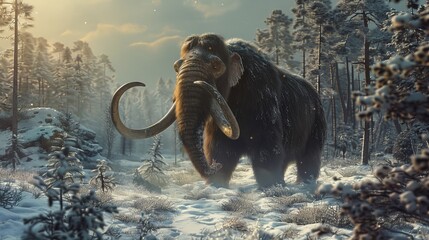 Majestic Woolly Mammoth in Snowy Landscape - obrazy, fototapety, plakaty