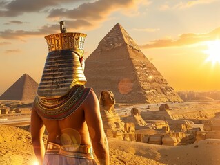 Egyptian Pharaoh, golden crown, powerful ruler, standing in front of the grand pyramids of Giza, under the blazing desert sun Realistic, Golden Hour, Lens Flare, Long shot - obrazy, fototapety, plakaty