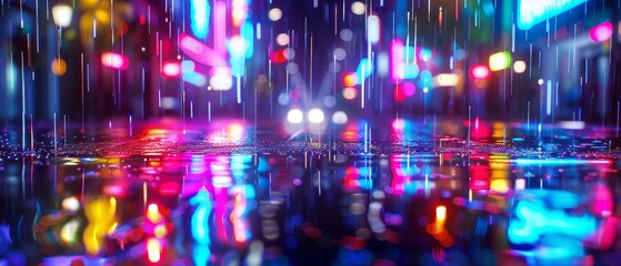 Electric Muse, Neon lights, Modern digital artist, Creating a virtual reality landscape, Rainy, Digital painting, Backlights, Depth of field bokeh effect, Macro shot - obrazy, fototapety, plakaty