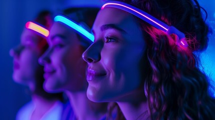 EmotionFacilitating Headbands, neonblue lights, facilitate empathy  communication, show friends a digital lovemeter, reshape conflicts Realistic, Backlights, Motion Blur, Dolly zoom effect - obrazy, fototapety, plakaty