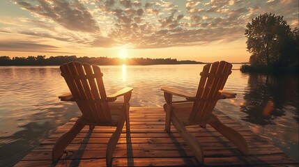 Naklejka premium Two wooden chairs on a wood pier overlooking a lake at sunset
